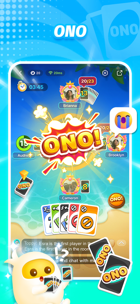 Quattro giocatori che partecipano a una sessione di gioco di carte ONO multiplayer all'interno dell'app TopTop