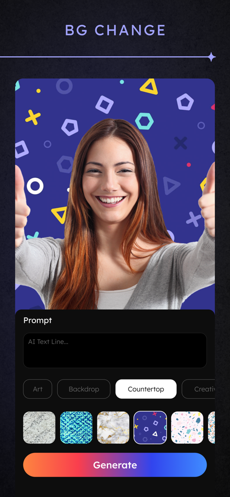 AI Photo Editor: Remove Object - Interface d'un éditeur photo IA montrant la fonction de changement d'arrière-plan avec une femme et des préréglages de motifs.