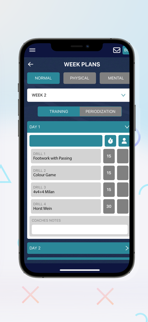 The Better Coaching App interface showing a weekly soccer training plan with specific drills and time durations