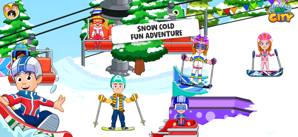 My City : Ski Resort - Cartoon characters skiing and snowboarding on snowy slopes in My City Ski Resort