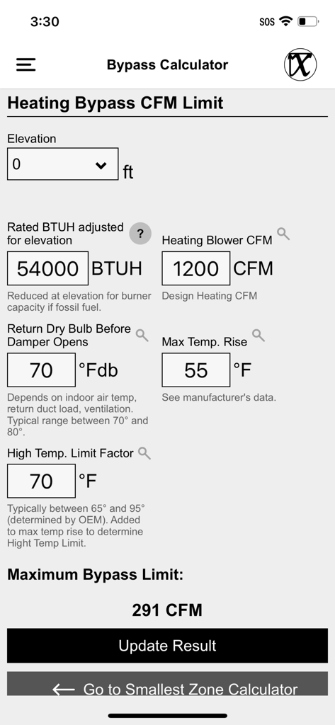 Interface of the Heating Bypass CFM Limit calculator showing professional HVAC inputs and results