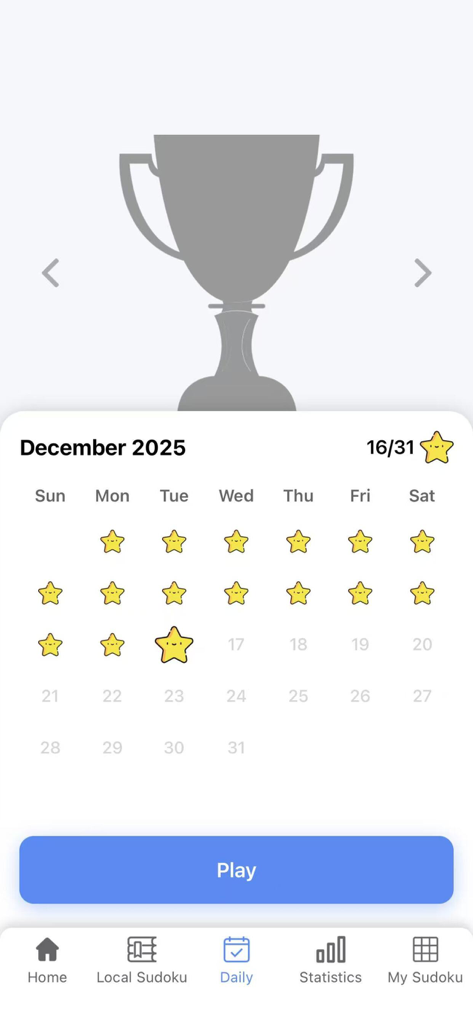 Sudoku Custom: Solve & Learn - Vue du calendrier montrant la progression des défis Sudoku quotidiens avec des étoiles et une icône de trophée