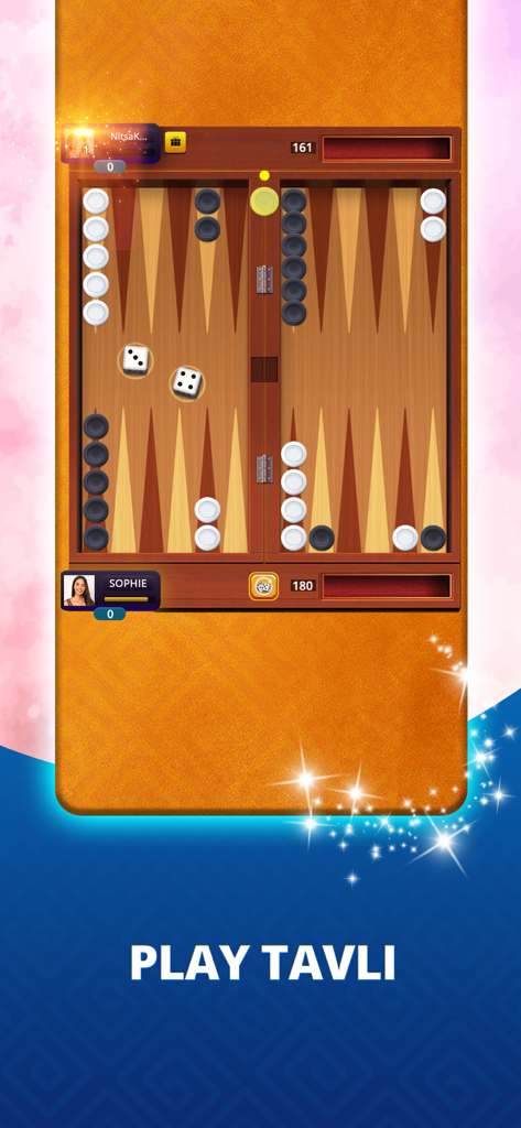 Opa.GR: Tavli, Tichu, Ludo - Ein Tavli-Spiel im Gange auf der Opa GR-Handy-App, das schwarze und weiße Figuren auf einem Holzbrett zeigt