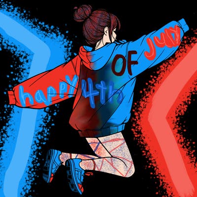 realistic girl jumping with a bun and oversized sweatshirt