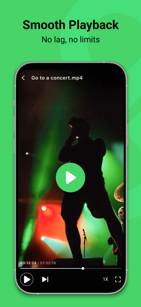 Linkex - Secure Cloud Storage - iPhone screen displaying the Linkex video player with a concert video and smooth playback text