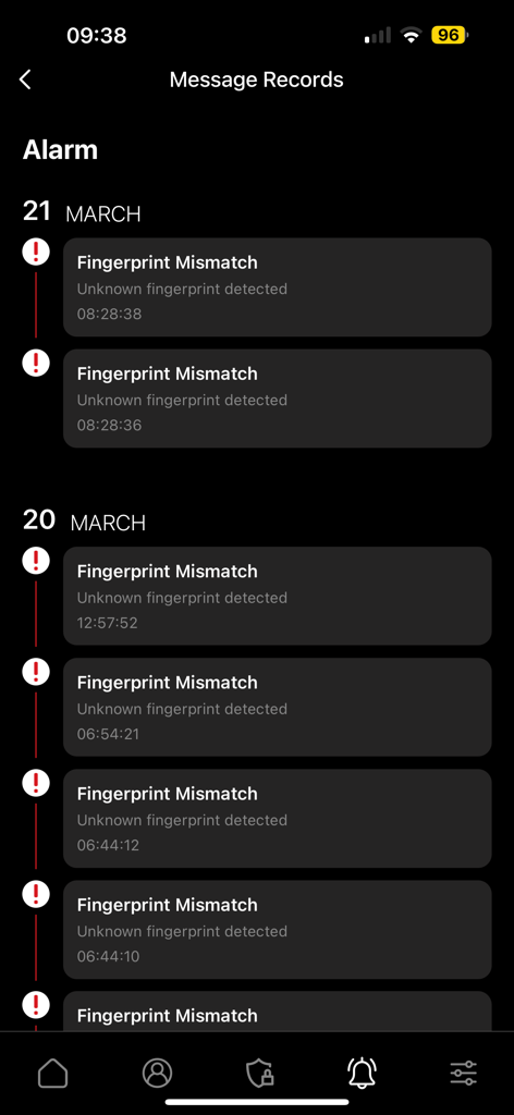 Screenshot of the Pirnar app message records screen showing a list of fingerprint mismatch security alerts