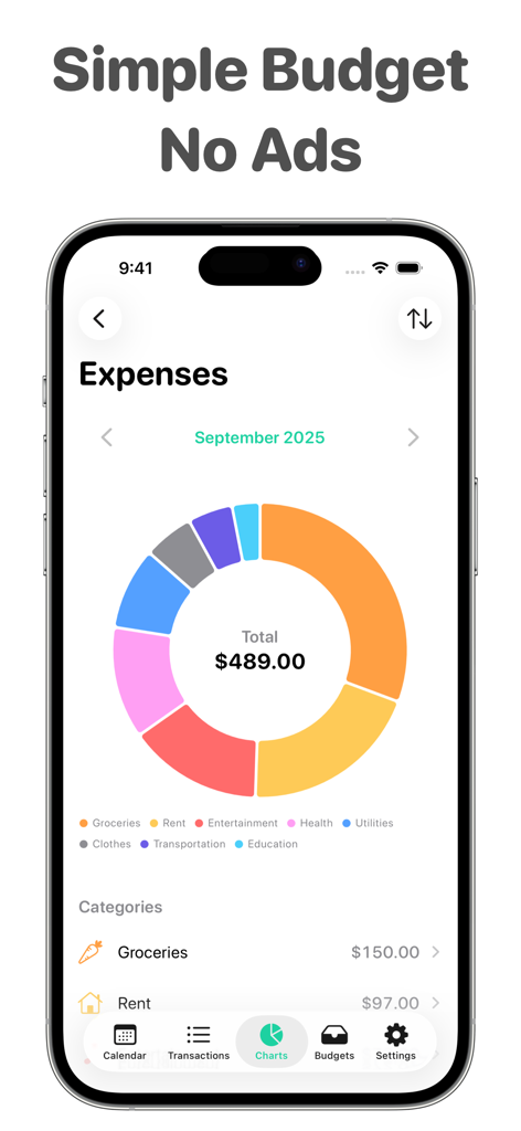 Budget Calendar: Simple Money - A minimalist iPhone app screen showing a colorful donut chart of monthly spending categories including groceries and rent.