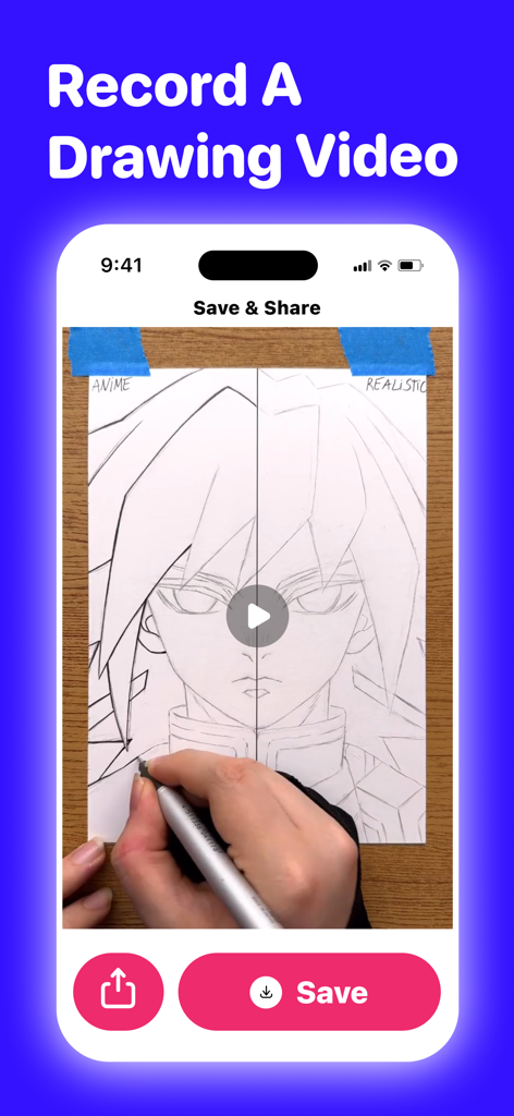 AR Drawing: Sketch & Paint+ - ARドローイングアプリを使用して、アニメキャラクターの描画のタイムラプス動画を録画している人。