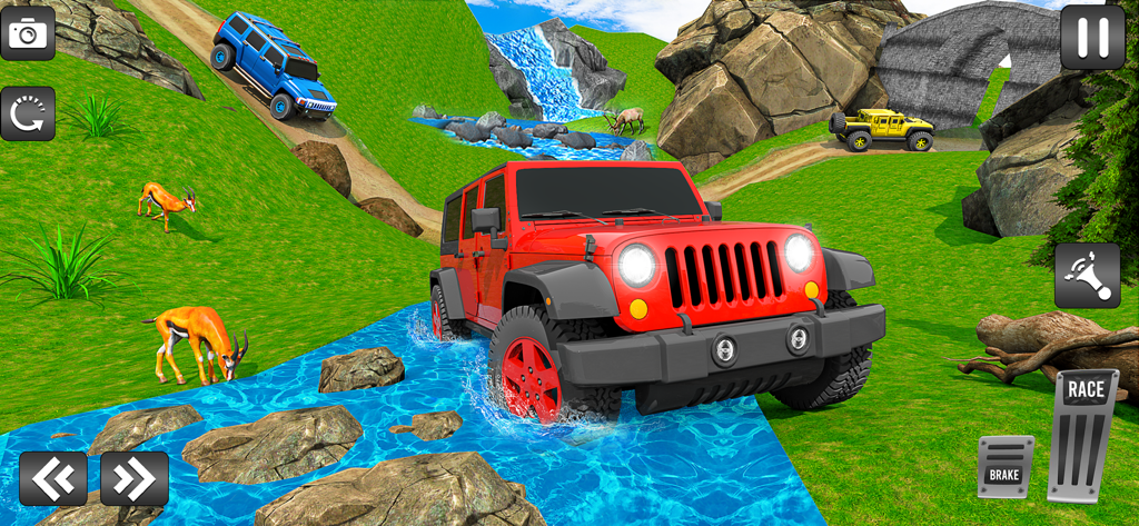 Desert Hill Jeep Simulator 4x4 - A red 4x4 jeep crossing a blue stream in a lush green mountain environment with other offroad vehicles and deer.