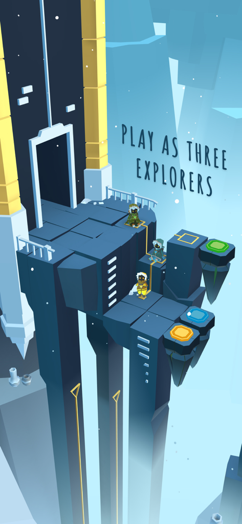 Gameplay screenshot of Path of Giants featuring three explorers on an icy mountain puzzle level.