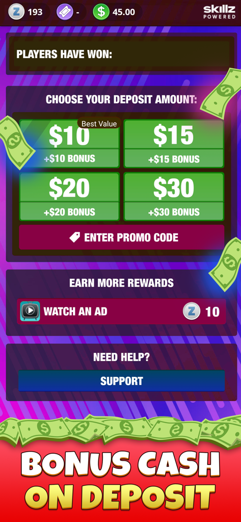 Marble Cash - La pantalla de depósito de Marble Cash que muestra varias cantidades de depósito en efectivo con recompensas de bonificación correspondientes y un campo de código promocional