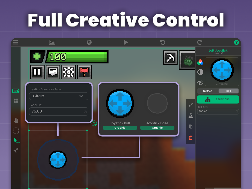 Interface of hyperPad app showing virtual joystick customization options for game development on iPad