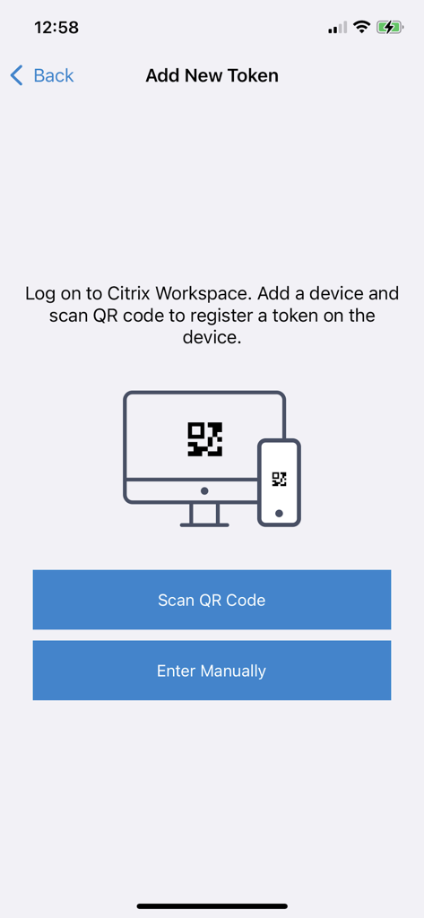 Interfaz de la aplicación Citrix Secure Access para añadir un nuevo token de seguridad mediante el escaneo de un código QR