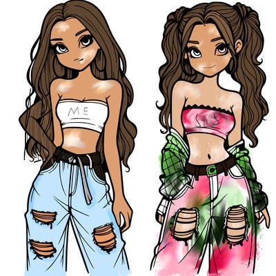 2 girls in crop tops and baggy jeans ripped