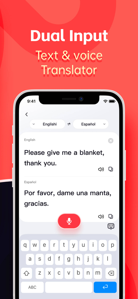 Smartphone display of AI Voice Translate app with text and voice input features translating English to Spanish