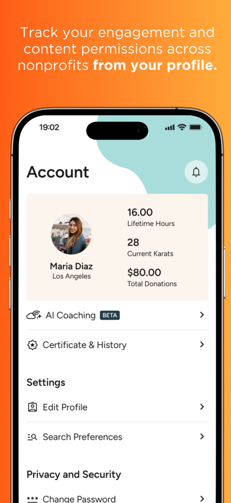 Golden: Volunteer Portal - Screenshot of the Golden Volunteer Portal app account page showing lifetime volunteer hours and total donations.