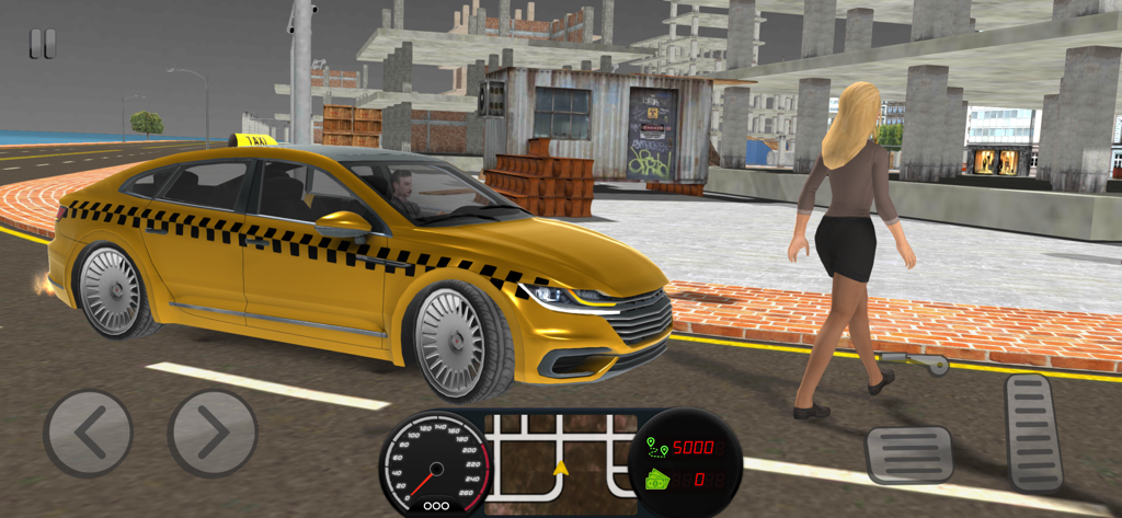Taxi Driving Simulator 2022 - Yellow taxi waiting for a passenger in a city street simulation