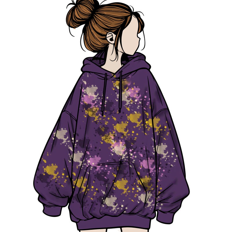 realistic girl with a oversized sweatshirt on and a bun