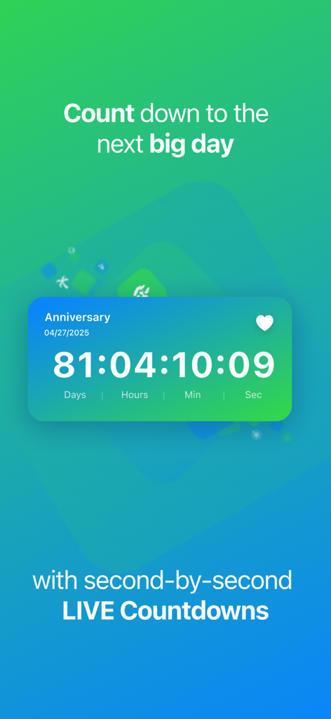 Countdown Timer & Widgets - A live countdown widget for an anniversary featuring a green and blue gradient background