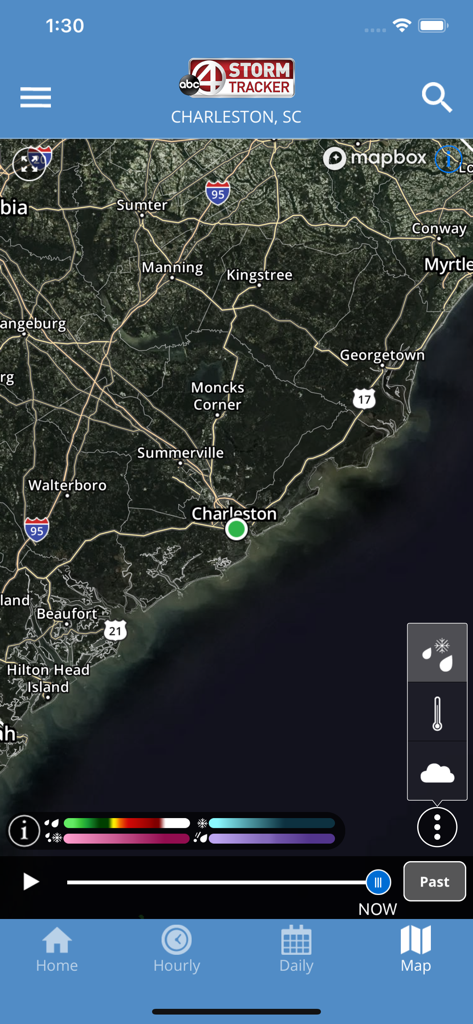 ABC News 4 Storm Tracker - Aplicación ABC News 4 Storm Tracker que muestra un mapa meteorológico satelital de alta resolución de Charleston, Carolina del Sur y las áreas circundantes del Lowcountry.