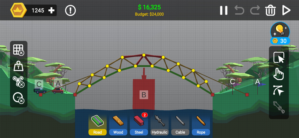 Build Bridge : Craft Builder - A bridge under construction in the Build Bridge Craft Builder mobile game with various engineering tools.