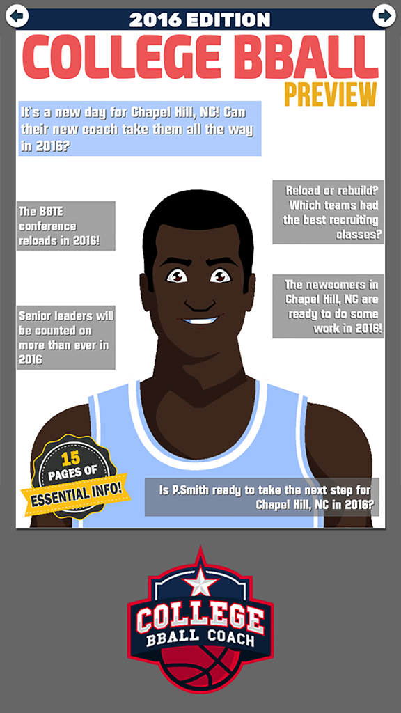 A sports magazine style preview screen in the College BBALL Coach game featuring a basketball player and season updates