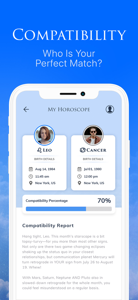 My Horoscope - Daily Astrology - A mobile app screen showing a zodiac compatibility match between Leo and Cancer signs with a 70 percent rating and a detailed report.