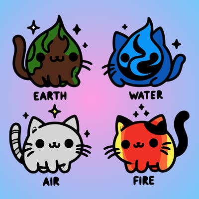 4 cats that represent the different elements, earth, water, air, and fire