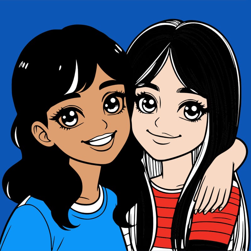 two realistic girl best friends both smiling with an arm around each other for a picture one slightly taller