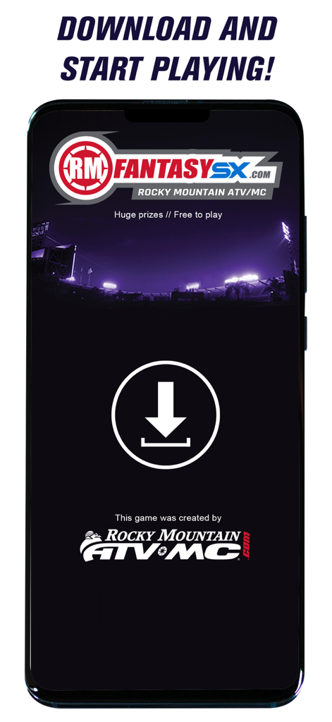 Splash screen for RMFantasy SX mobile app showing a download icon and Rocky Mountain ATV MC branding