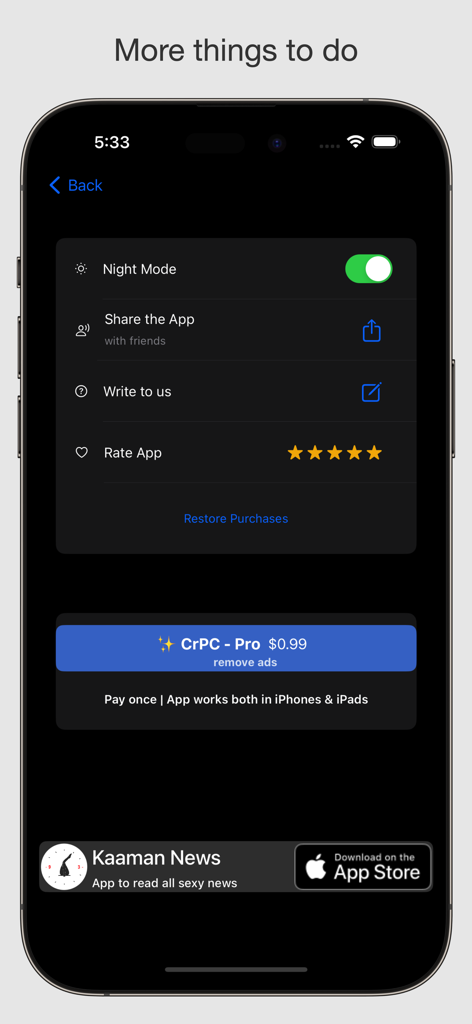 CrPC - Criminal Procedure Code - CrPC app settings menu showing night mode toggle and pro version upgrade option