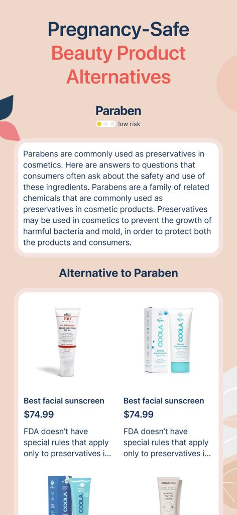 Little Bean app screen showing pregnancy safe beauty product alternatives and information about parabens