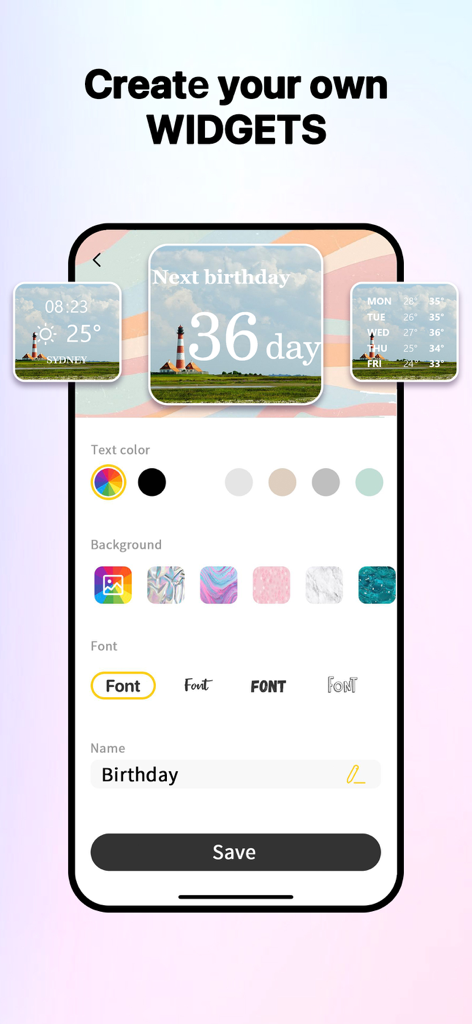 Interface do editor de widgets personalizados mostrando opções de cor de texto, imagens de fundo e estilos de fonte para widgets da tela inicial do iPhone.