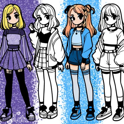 one girl with crop-top shirt and a jacket with a skirt, long socks and another girl with a shirt and pants with a jacket