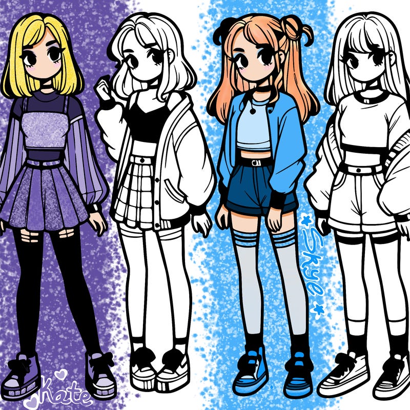 one girl with crop-top shirt and a jacket with a skirt, long socks and another girl with a shirt and pants with a jacket