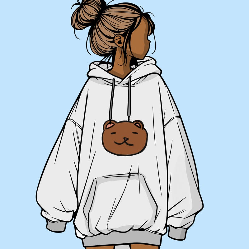 realistic girl with a oversized sweatshirt on and a bun