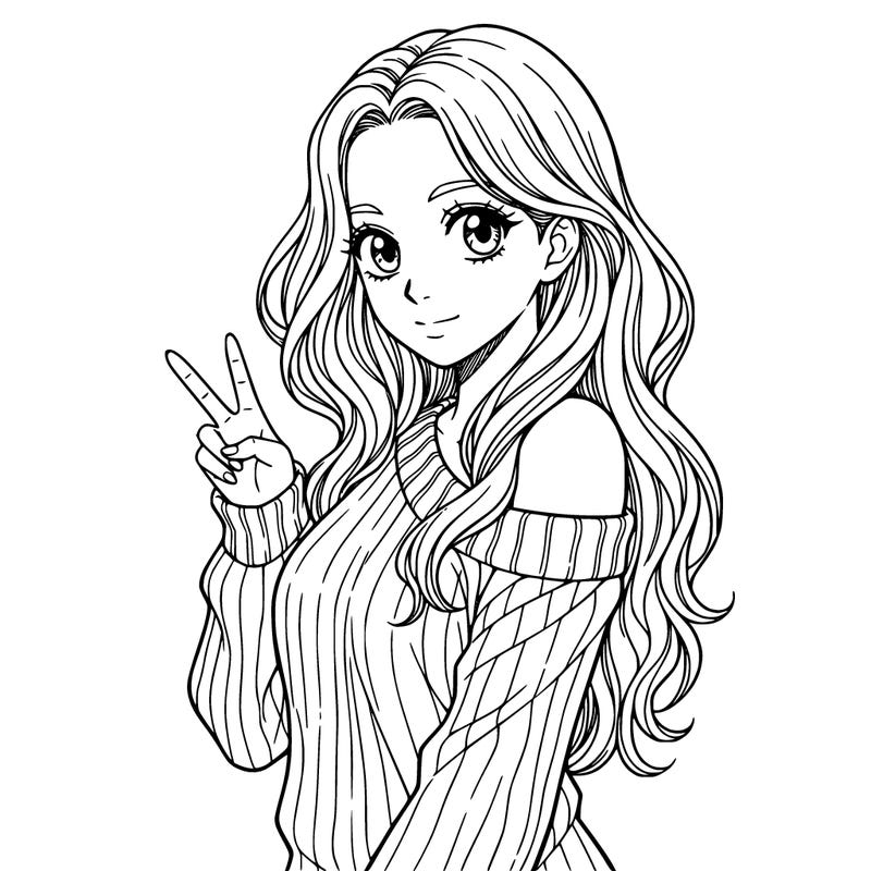 a girl with long hair. make only from her waist up showing and she is wearing g a sweater the is half off her shoulder. she needs to hold one peace sign. make her have no mouth, only have eyes. make her whole body facing the camera. and no black hair.