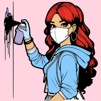 realistic girl with mask spray painting a wall