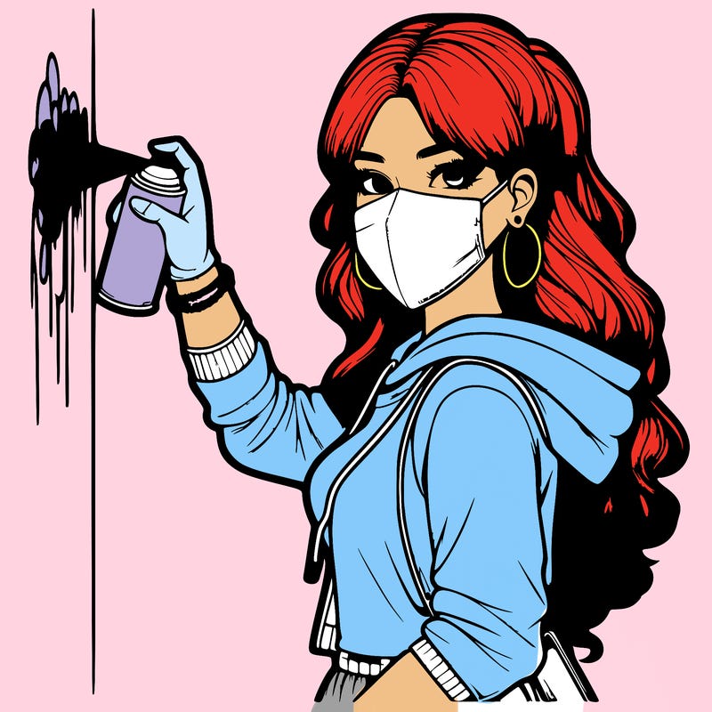 realistic girl with mask spray painting a wall