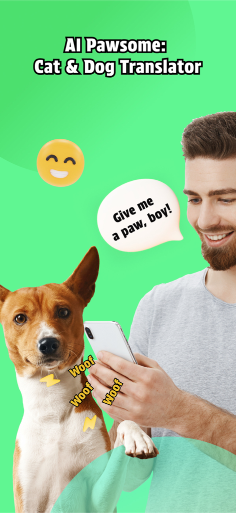 AI Pawsome: CatDog Translator - Homem usando o aplicativo AI Pawsome Cat and Dog Translator para se comunicar com seu cachorro