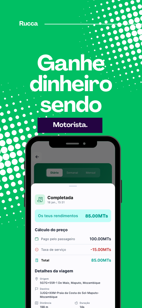 Rucca - Para Motoristas - Screenshot of the Rucca driver app interface showing a completed trip with earnings summary and price calculation breakdown.
