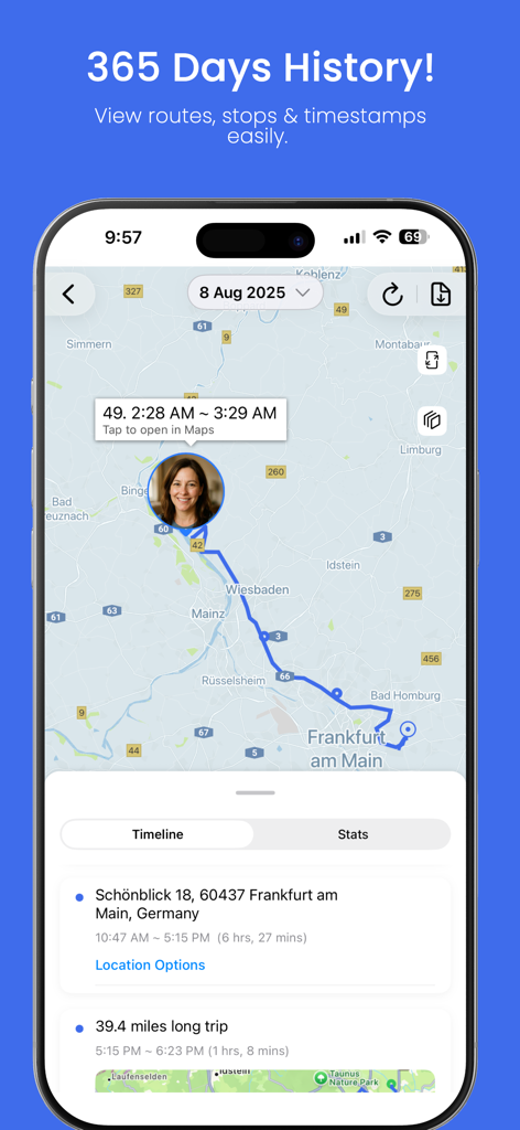 Family Nest app screen showing 365 days of location history with maps and routes