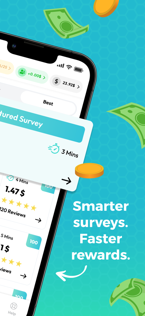 NiceSurveys: Earn Smarter - Smartphone screen displaying NiceSurveys app with survey options and the slogan Smarter surveys Faster rewards