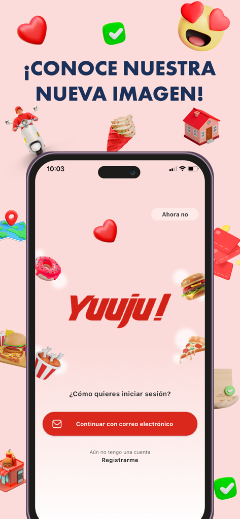 Yuuju - Cada minuto cuenta - The login screen of the Yuuju delivery app displaying its new brand identity with food and convenience service icons.