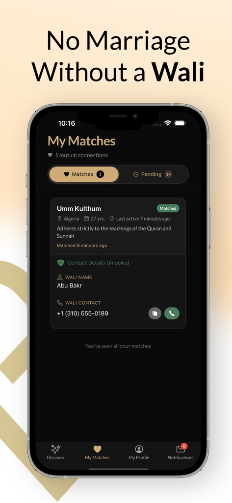 Zawaj Match — Sunnah Marriage - Zawaj Match app screen displaying a matched profile with a guardian's contact information.