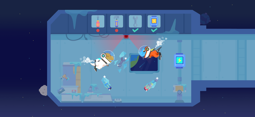 Dinosaur Rocket Games for kids - Two cute dinosaur astronauts in space suits floating inside a space station and using tools to make repairs.
