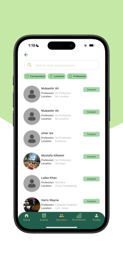 Arab Socials - A mobile interface of the Arab Socials app showing the members list with search filters for profession and location for professional networking.
