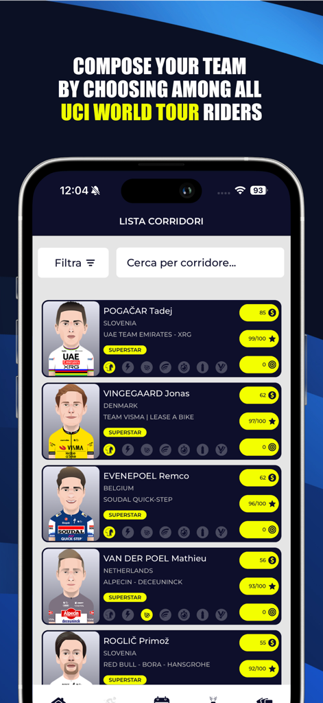 Fantacycling - Fantacycling app interface showing a list of UCI World Tour cyclists for team building.