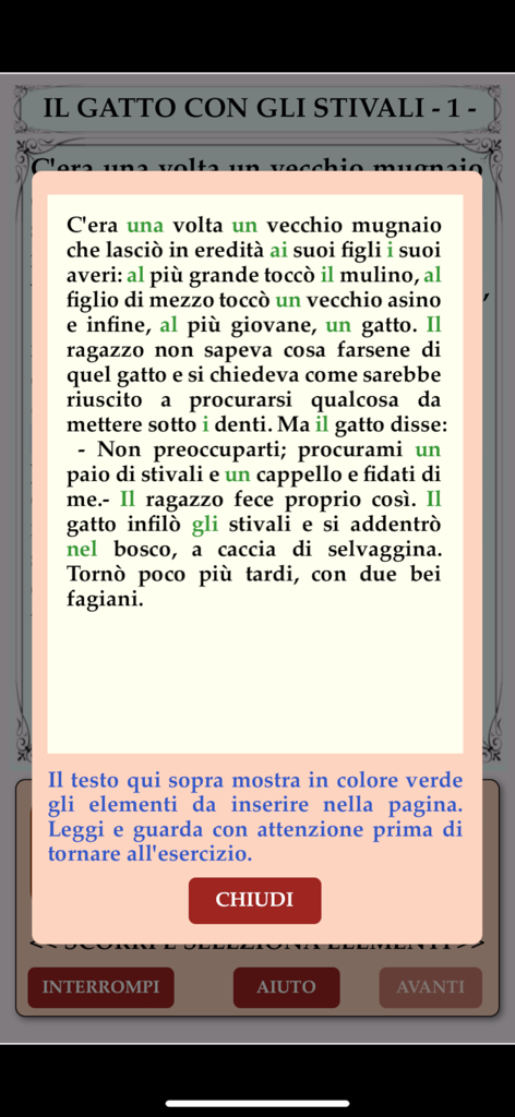 Quante Storie! - Ejercicio de gramática italiana utilizando el cuento de El Gato con Botas con palabras resaltadas