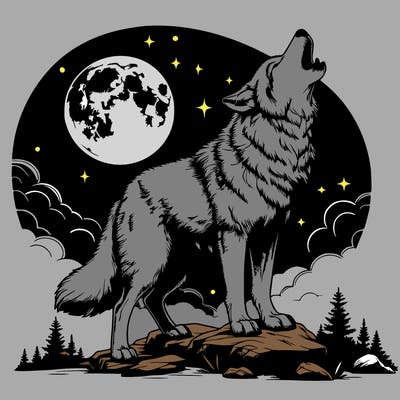realistic wolf howling at moon